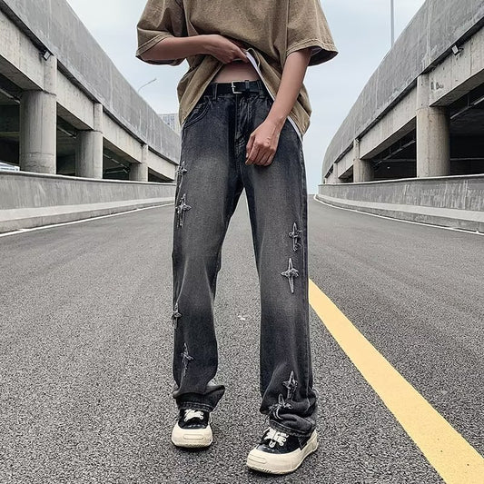 Mens Fashion Jeans Pant Zipper Loose Denim Trousers Men