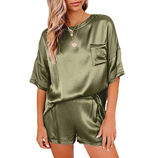 Women's Short Sleeve Silk Pajamas Set Print Satin Sleepwear Homewear Nightwear