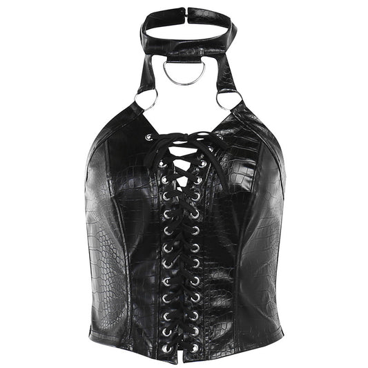 Devil Fashion Halter Top Sexy Lace-up Vest Pu Leather Dark Style