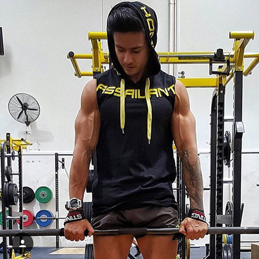 Men's Workout Hooded Tank Tops Sleeveless Gym Hoodies Bodybuilding Muscle Cut Off T-Shirts