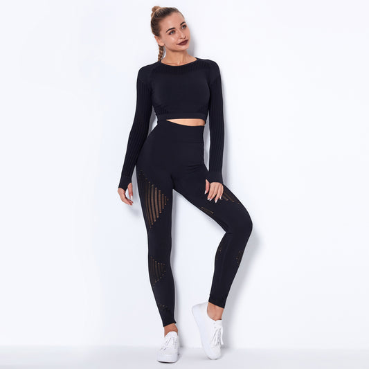 2Pcs Women Yoga Suit Crop Top+Leggings Hollow Pants Gym Set Outfit Sportswear