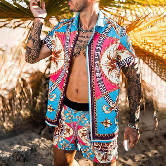 Mens Floral Shirt Beach Two Piece Suit New Fashion Men Sets