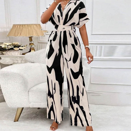 Womens Fashion V-neck Loose Printed Long Jumpsuit