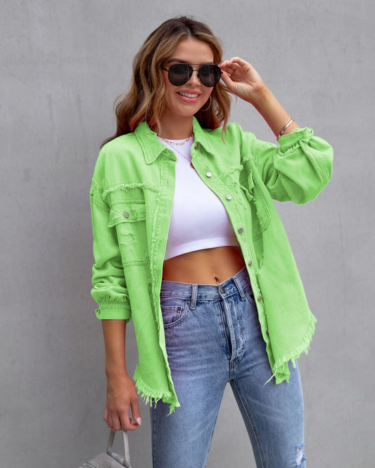 Distressed denim shirt oversized jacket frayed hem ripped shacket neon colours