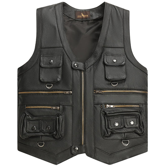 Men's Cowhide Leather Vest Coat Sleeveless Classic Waistcoat, MotorBike Style
