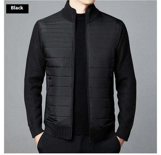 Men's Stand Collar Stitching Velvet Padded Sweater Knitwear Jacket
