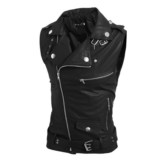 Fashion Mens Faux Leather PU Biker Punk Vest Zippers Slim Fit Male Sleeveless Waistcoat For Men