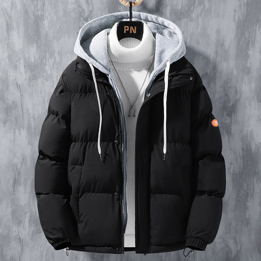 Men Winter Windproof Thickened Fake Two-piece Coat Solid Leisure Sports Cotton Jacket