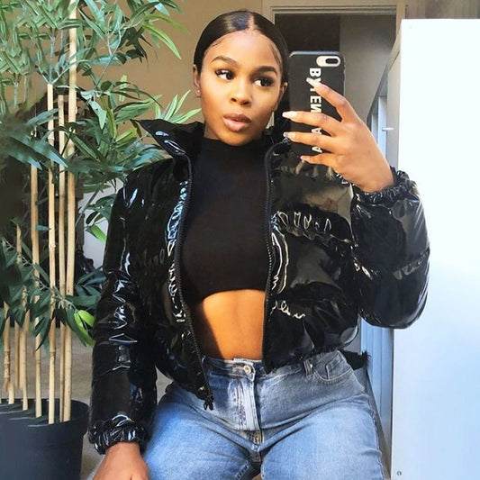 Women's Bright Pu Puffer Jackets Warm Bubble Coat Down Parkas Zipper Crop Jacket