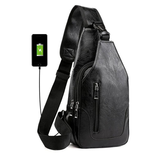 Leather Sling Bag Mens Crossbody Bag Chest Bag Sling Backpack for Men with USB Charge Port