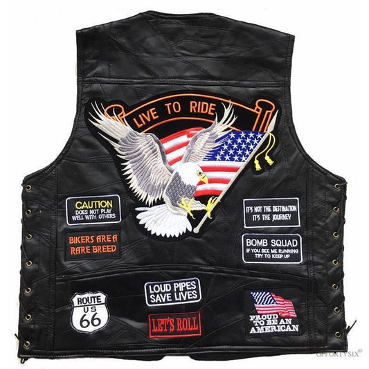 Motorcycle Leather Biker Vest for Men Club Style Classic Black With Patches