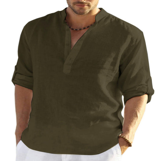 Men's Casual Baggy Cotton Linen Solid Long Sleeve Pocket Stand Collar Shirts Top