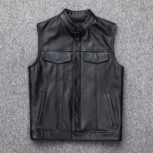 Men's Leather Waistcoat Vest Zipper Button Motorbike Tops