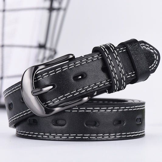 Leather Dress Belt Two-line Men's And Women's Thin Trousers Belts Korean Denim Dress Belts
