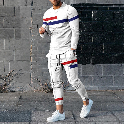 Mens Sweatsuit Round Neck Long Sleeve T-shirt Trousers Suit Men
