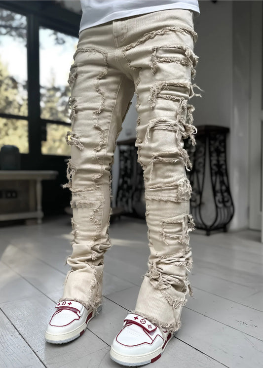 Men Patched Pants Long Tight Fit Stacked Jeans For Mens