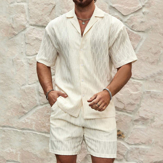 Men Summer Fashion Solid Loose Casual Two Pieces Lapel Button Shirt Shorts Beach Holiday