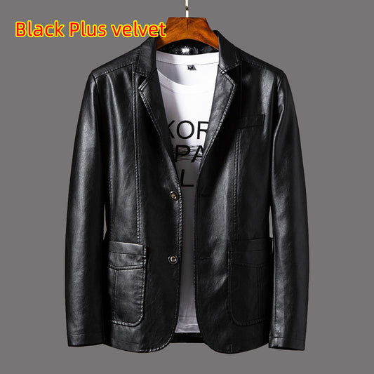 Men's Casual Notched Collar 2 Button Slim Moto Faux Leather Blazer Suit Jacket