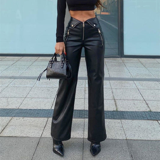 ladies Leather High Waist Straight Loose Wide Leg Casual Pants Leather Pants