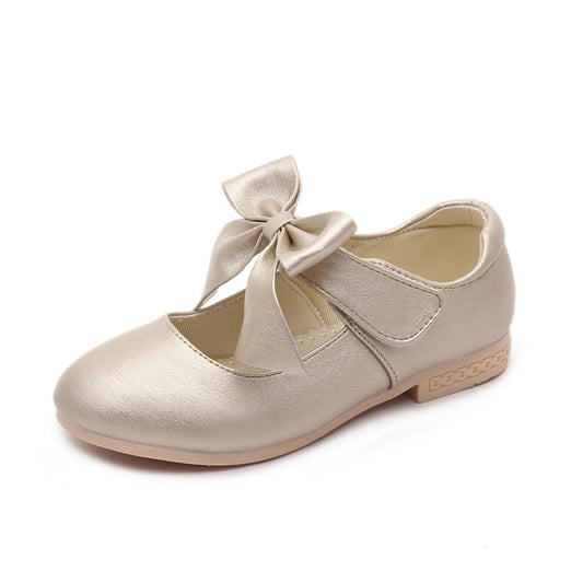 Youth Kids Girls Leather Shoes Fashion Bow Princess Party Dress Dance Flat Shoes