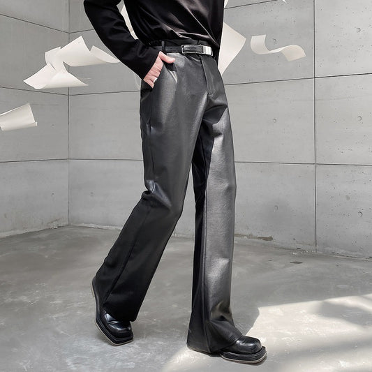 Mens Leather Bell Bottoms Slim Fit 70s Disco Flare Stacked Pants for Men