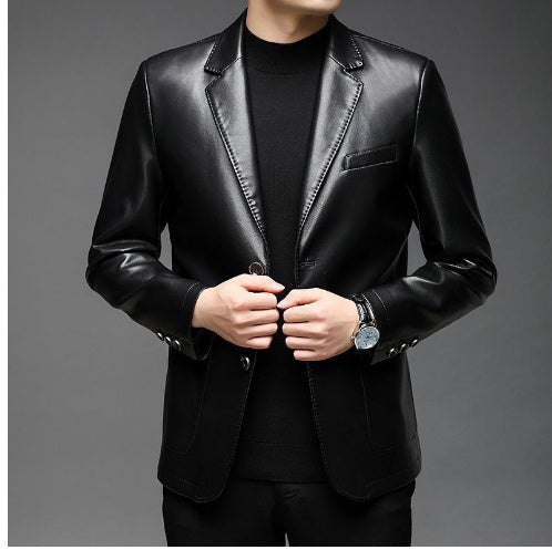 Men's casual Notched Collar 2 Button Slim Moto Faux Leather Blazer Jacket