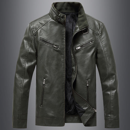 Mens Bomber Faux Leather Jacket Stand Collar Fleece Lined