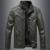 Mens Bomber Faux Leather Jacket Stand Collar Fleece Lined