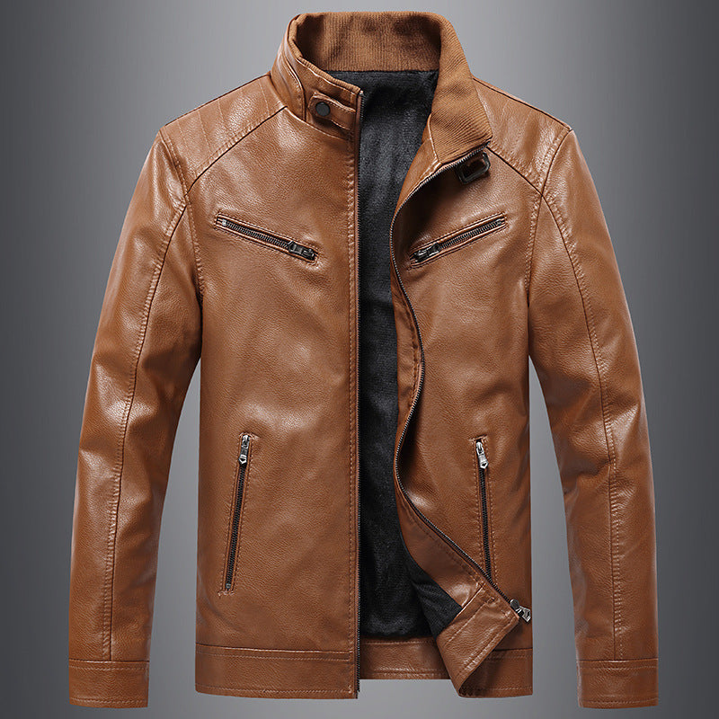 Mens Bomber Faux Leather Jacket Stand Collar Fleece Lined