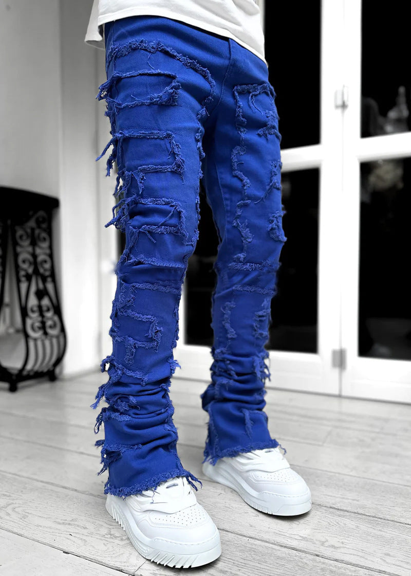 Men Patched Pants Long Tight Fit Stacked Jeans For Mens