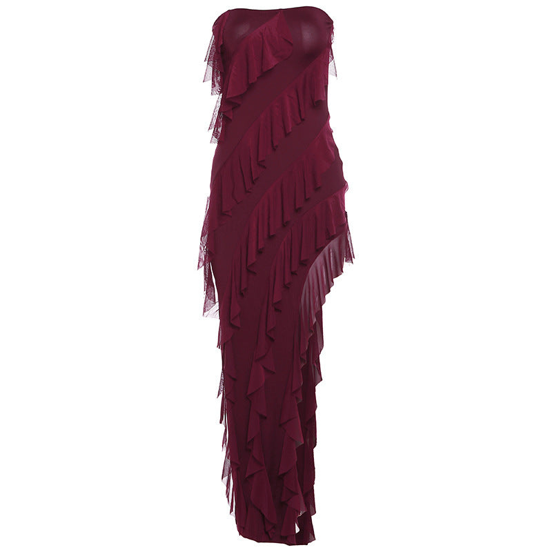 2025 Summer Trend Skinny Women's Tube Top Backless Split Tassel Dress Birthday Party Clubwear