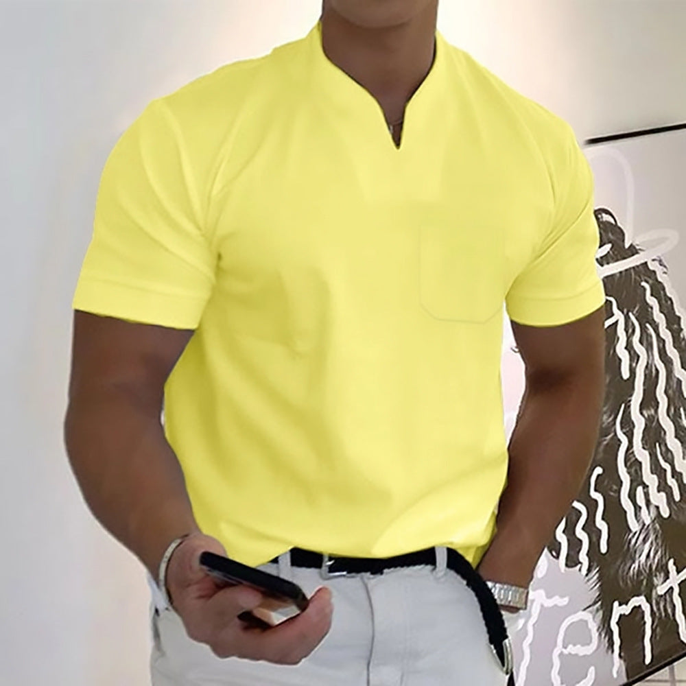 Mens Summer Short Sleeve Shirt Men Fitness Plus Size Sports T-Shirt Elastic Cotton Pocket