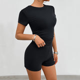 NEW Stylish Women Solid Color Round Neck Short Sleeve Casual Sport Short Outfits