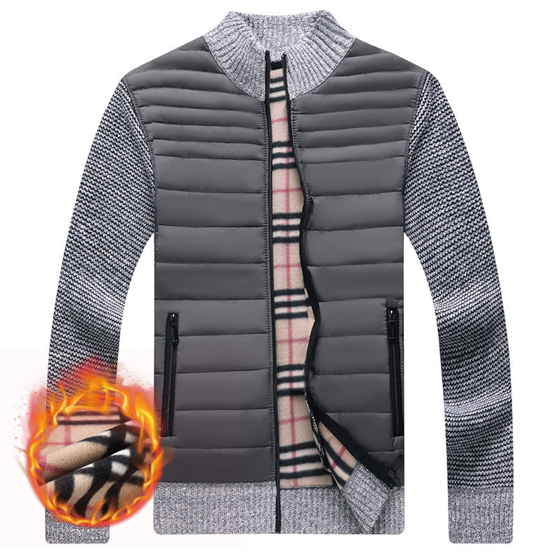 Men's Stand Collar Stitching Velvet Padded Sweater Knitwear Jacket