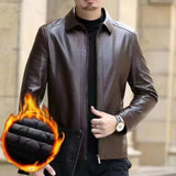 Mens Leather Jacket Stand Collar Men Fleece-lined