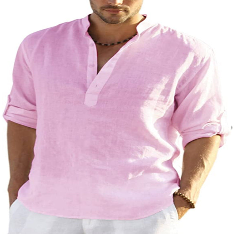 Men's Casual Baggy Cotton Linen Solid Long Sleeve Pocket Stand Collar Shirts Top