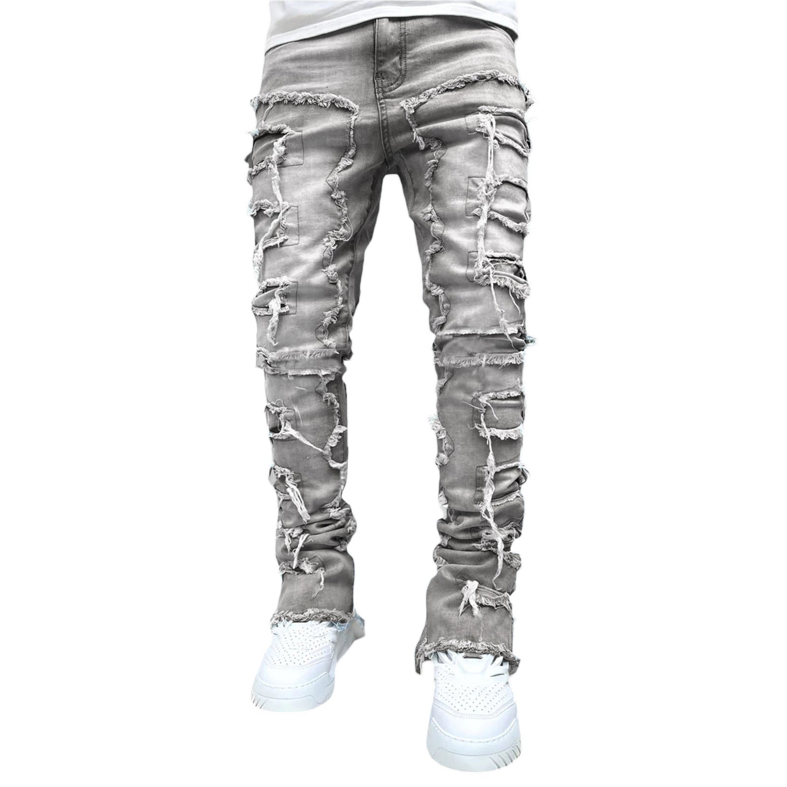 Men Patched Pants Long Tight Fit Stacked Jeans For Mens
