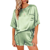 Women's Short Sleeve Silk Pajamas Set Print Satin Sleepwear Homewear Nightwear