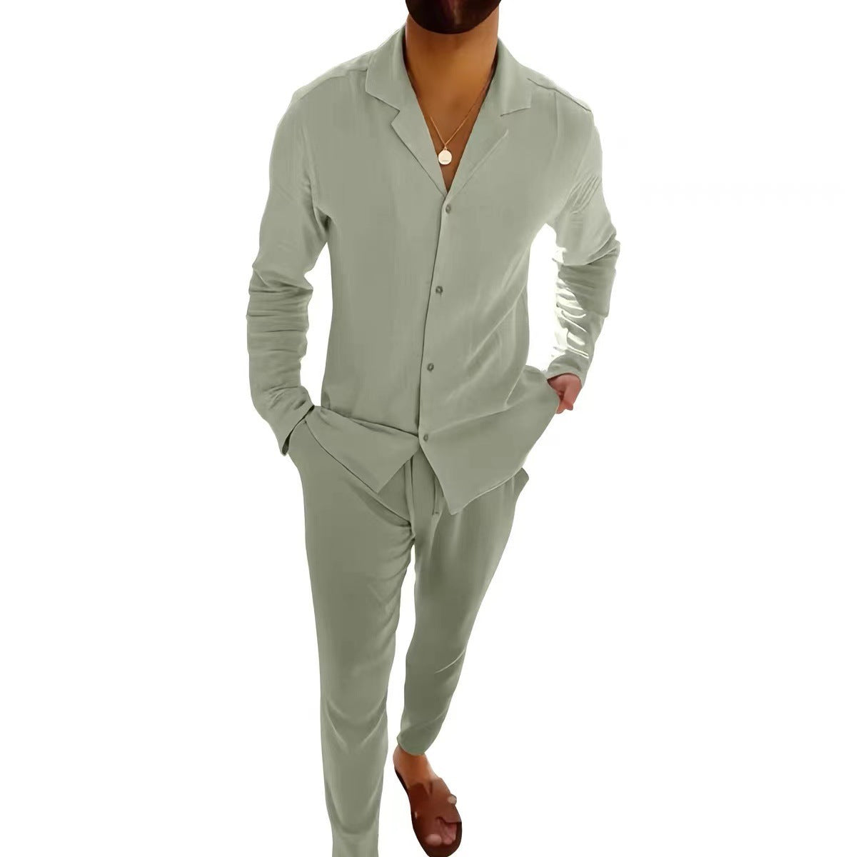 Mens Fashion Casual Long-sleeved Suits Fashion Lapel Single-breasted Shirt Top And Slim-fit Trousers Men Clothing