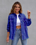 Distressed denim shirt oversized jacket frayed hem ripped shacket neon colours