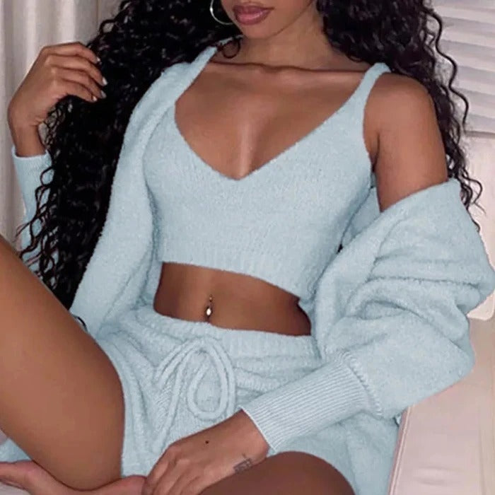 Womens Clothing 3 pcs Long Sleeve Crop Tank Top And Drawstring Shorts Pajama Set