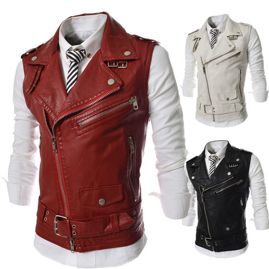 Fashion Mens Faux Leather PU Biker Punk Vest Zippers Slim Fit Male Sleeveless Waistcoat For Men