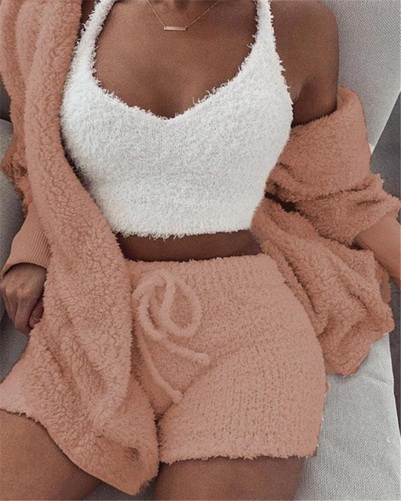 Womens Clothing 3 pcs Long Sleeve Crop Tank Top And Drawstring Shorts Pajama Set