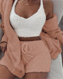 Womens Clothing 3 pcs Long Sleeve Crop Tank Top And Drawstring Shorts Pajama Set