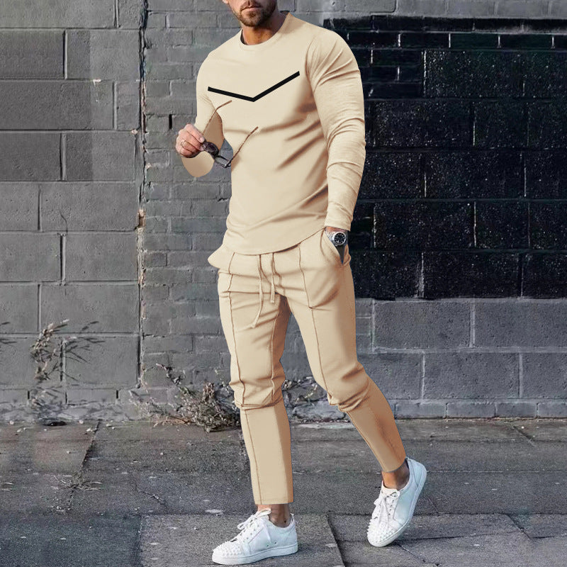 Mens Sweatsuit Round Neck Long Sleeve T-shirt Trousers Suit Men
