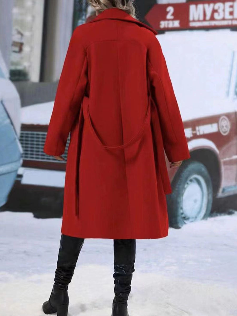 Womens British Style Double Breasted Lapel Collar Belt Trench Outwear Overcoat