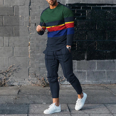 Mens Sweatsuit Round Neck Long Sleeve T-shirt Trousers Suit Men