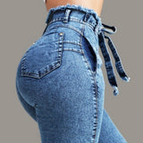 Ladies High Waist Fringed Colombian Style Skinny Jeans