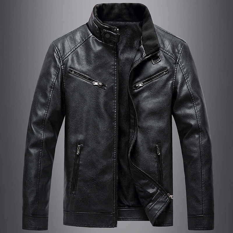 Mens Bomber Faux Leather Jacket Stand Collar Fleece Lined