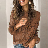 Womens  Round Neck Lace Shirt Ladies  Hollow Casual slim shirt